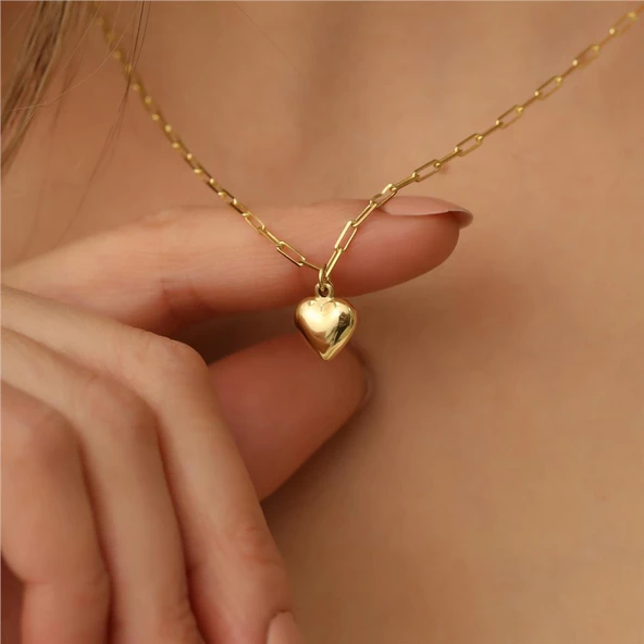 925 Ayar Gümüş Ataç Zincirli Bombeli Kalp Kolye - CN00126 - Resim 4