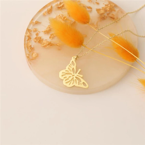 925 Ayar Gümüş 14 Ayar Altın Kaplama Kelebek Figürlü Kolye - CN00161 ürün görseli 1