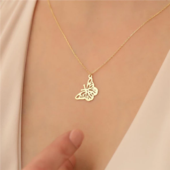 925 Ayar Gümüş 14 Ayar Altın Kaplama Kelebek Figürlü Kolye - CN00161 - Resim 2