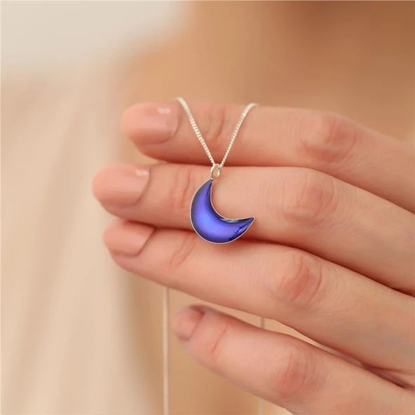 925 Ayar Gümüş Mavi Mineli Ay Kolye - Resim 3