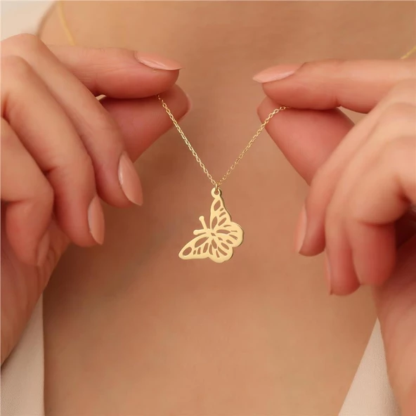 925 Ayar Gümüş 14 Ayar Altın Kaplama Kelebek Figürlü Kolye - CN00161 - Resim 4