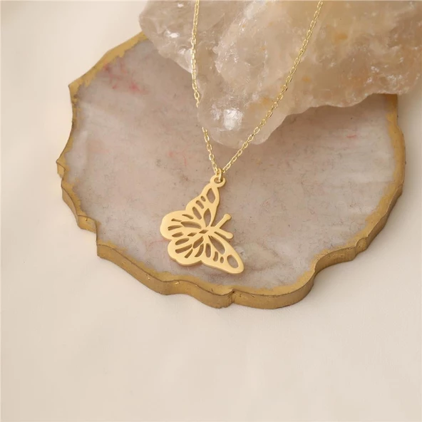 925 Ayar Gümüş 14 Ayar Altın Kaplama Kelebek Figürlü Kolye - CN00161 - Resim 3