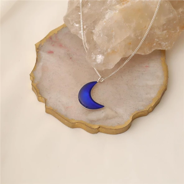925 Ayar Gümüş Mavi Mineli Ay Kolye - Resim 2