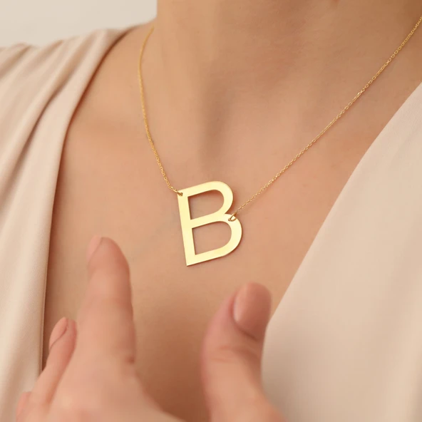 925 Ayar Gümüş Altın Kaplama Büyük Harf Kişiye Özel Kolye - CN00128 - Resim 5