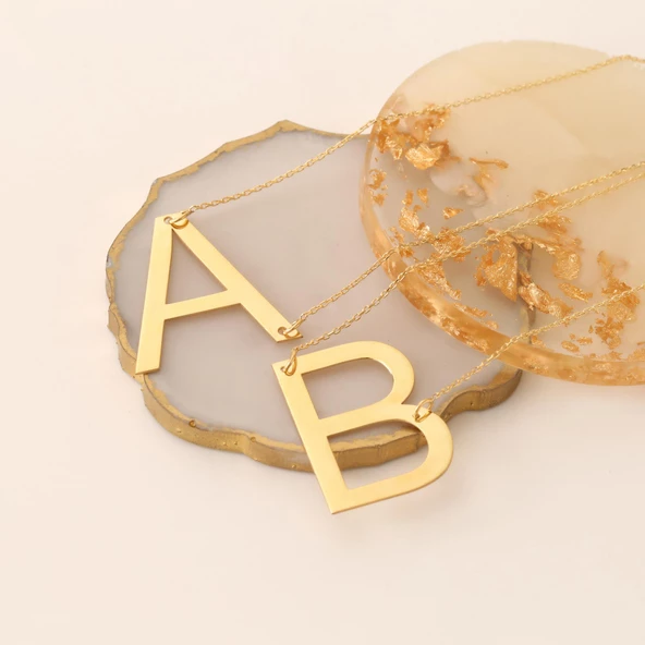 925 Ayar Gümüş Altın Kaplama Büyük Harf Kişiye Özel Kolye - CN00128 - Resim 2