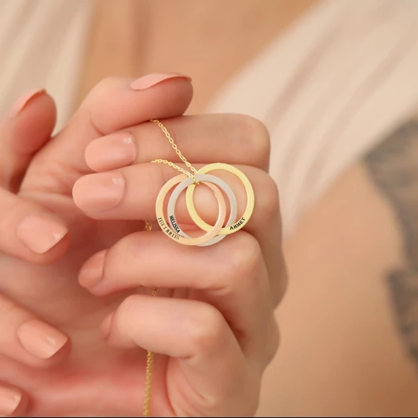 14 Ayar Altın Mikron Kaplama Kişiye Özel İsim Yazılı Aile Halkası Kolye - CN00173 - Resim 3