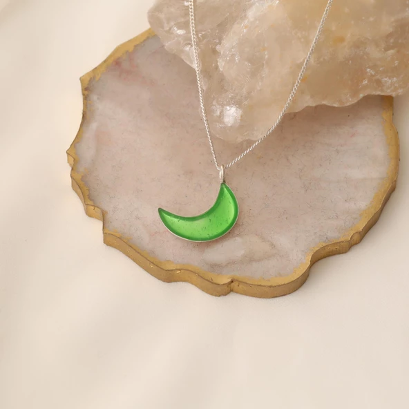 925 Ayar Gümüş Mineli Yeşil Ay kolye - Resim 7