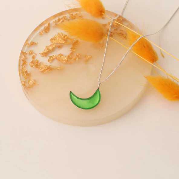 925 Ayar Gümüş Mineli Yeşil Ay kolye - Resim 8