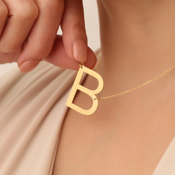 925 Ayar Gümüş Altın Kaplama Büyük Harf Kişiye Özel Kolye - CN00128 - Resim 6