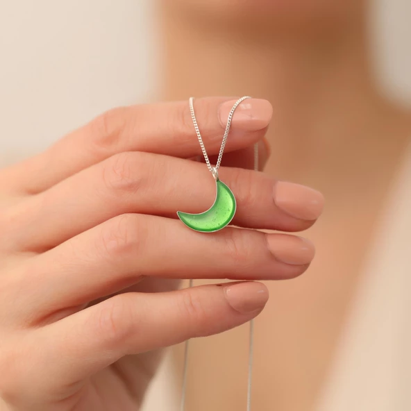 925 Ayar Gümüş Mineli Yeşil Ay kolye ürün görseli 1