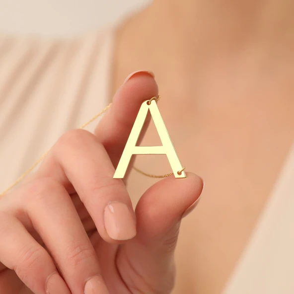 925 Ayar Gümüş Altın Kaplama Büyük Harf Kişiye Özel Kolye - CN00128 - Resim 7