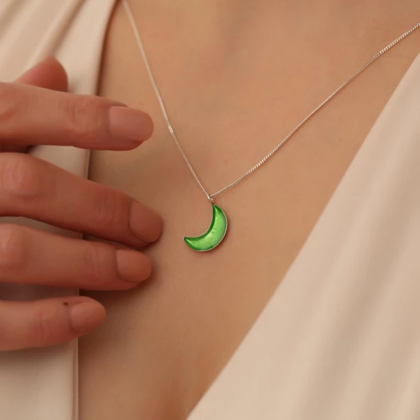 925 Ayar Gümüş Mineli Yeşil Ay kolye - Resim 5