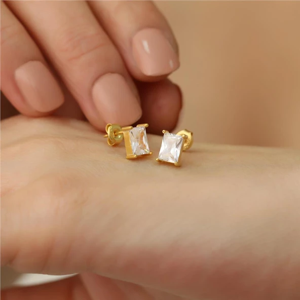 925 Ayar Gümüş Dikdörtgen Baget Küpe - Resim 3