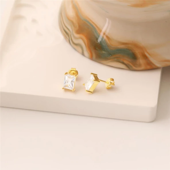 925 Ayar Gümüş Dikdörtgen Baget Küpe - Resim 2