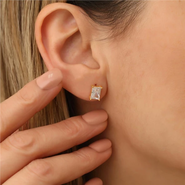 925 Ayar Gümüş Dikdörtgen Baget Küpe - Resim 5