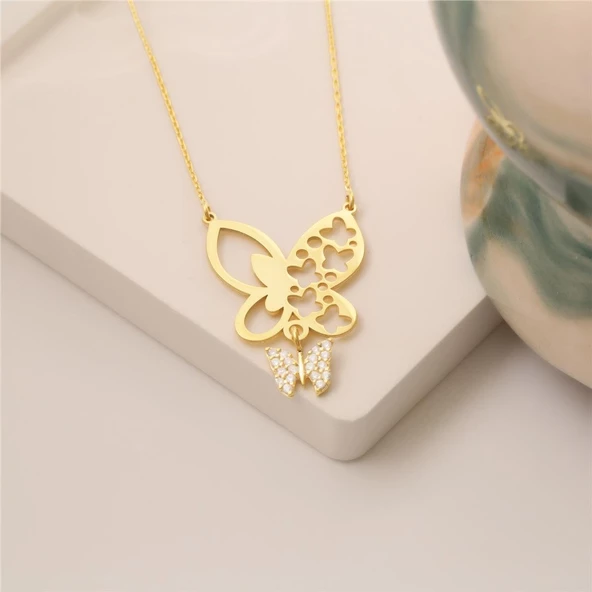 925 Ayar Gümüş Taşlı Kelebek Sallantılı Kolye - CNS00106 ürün görseli 1