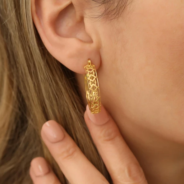 925 Ayar Gümüş Desenli Halka Küpe Çap:2,5 cm - Resim 3