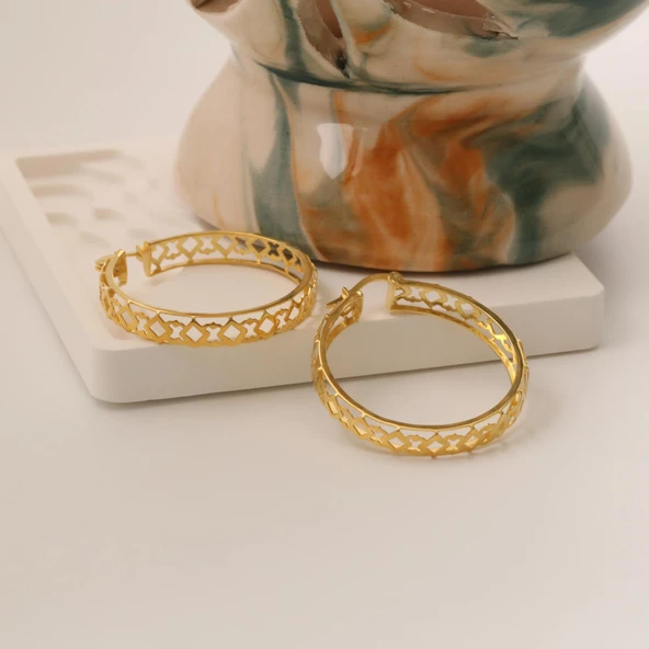 925 Ayar Gümüş Desenli Halka Küpe Çap:2,5 cm - Resim 4