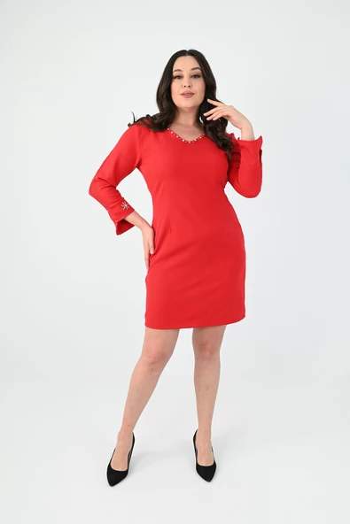 Kadın Büyük Beden Boncuk İşleme Detaylı Elbise 5201-25 - 6