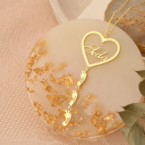 925 Ayar Gümüş Mikron Altın Kaplama Kalpli ve Ayak izli Kişiye Özel Anne Kolyesi - CN00156 ürün görseli 1
