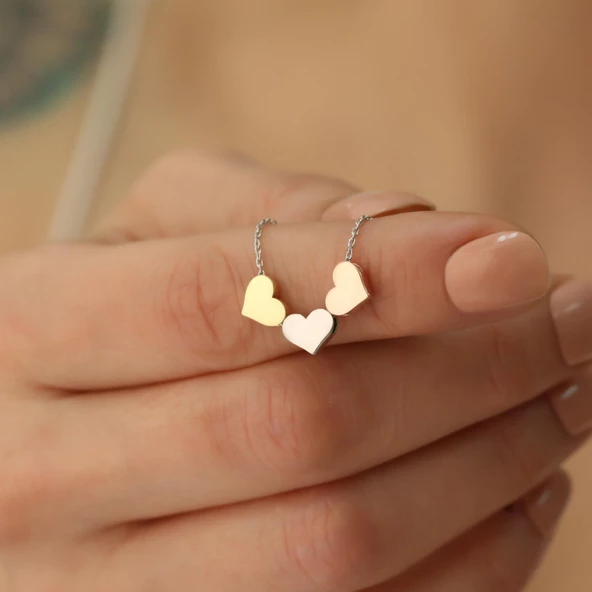 925 Ayar Gümüş Üç Renkli Kalp Kolye - CN00120 - Resim 4