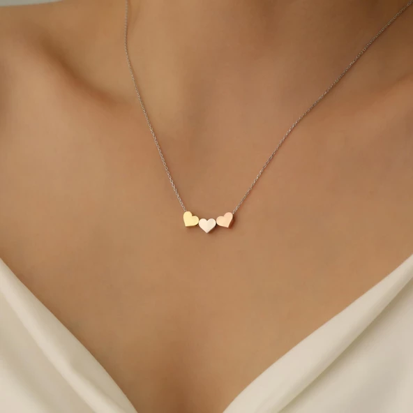 925 Ayar Gümüş Üç Renkli Kalp Kolye - CN00120 - Resim 5