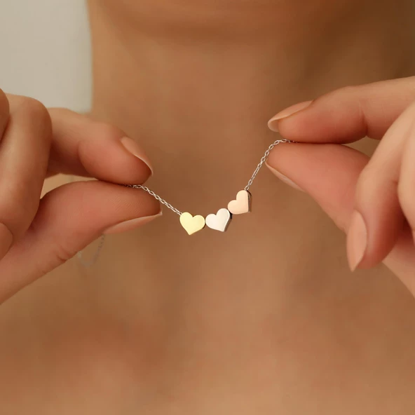 925 Ayar Gümüş Üç Renkli Kalp Kolye - CN00120 - Resim 2