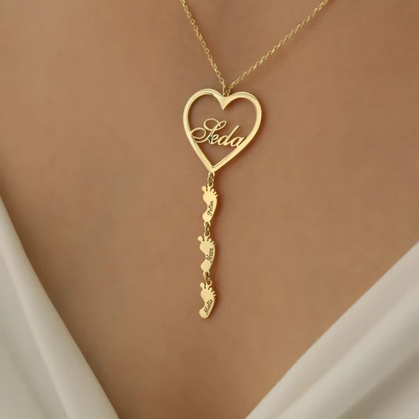 925 Ayar Gümüş Mikron Altın Kaplama Kalpli ve Ayak izli Kişiye Özel Anne Kolyesi - CN00156 - Resim 5