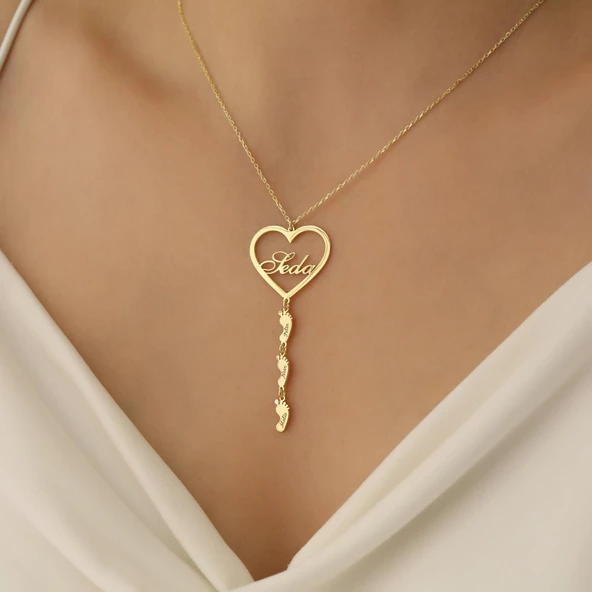 925 Ayar Gümüş Mikron Altın Kaplama Kalpli ve Ayak izli Kişiye Özel Anne Kolyesi - CN00156 - Resim 4