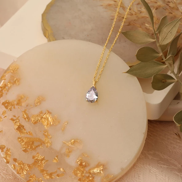 925 Ayar Gümüş Beyaz Damla Taşlı Kolye - CNS00121 - Resim 3