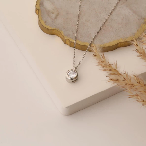 925 Ayar Gümüş Yuvarlak Tektaş Kolye - CNS00101 - Resim 3