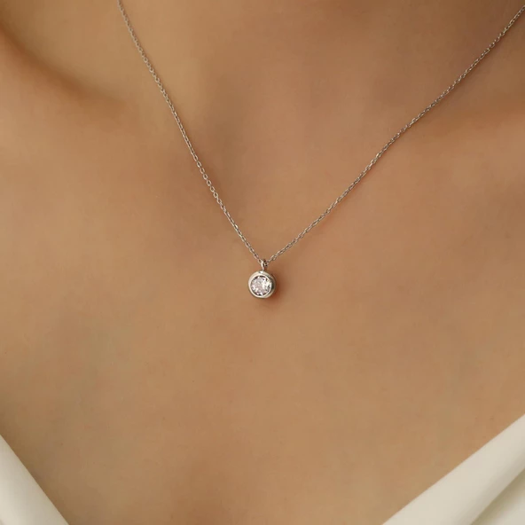 925 Ayar Gümüş Yuvarlak Tektaş Kolye - CNS00101 - Resim 2