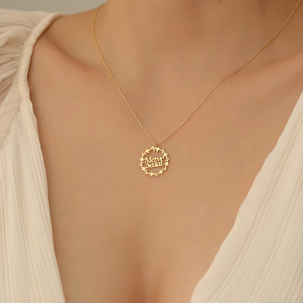 14 Ayar Mikron Altın Kaplama İki İsimli Dal Desenli Gümüş Kolye - CN00221 - Resim 4