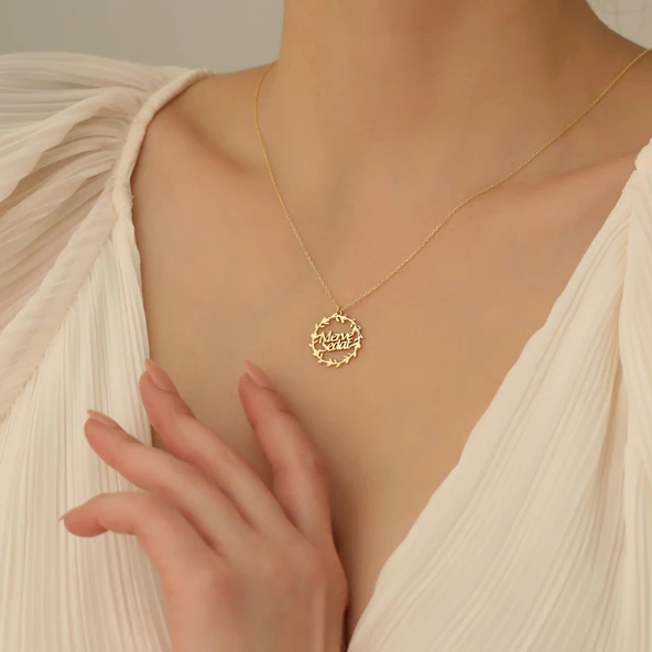 14 Ayar Mikron Altın Kaplama İki İsimli Dal Desenli Gümüş Kolye - CN00221 - Resim 3