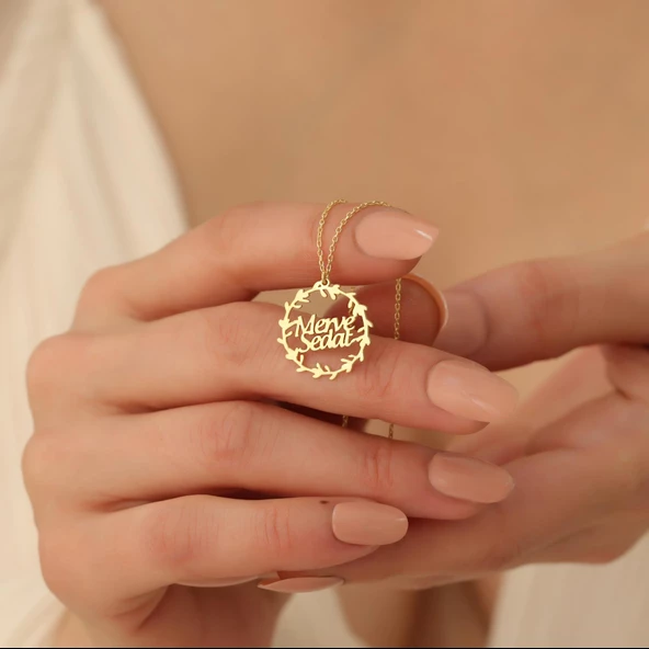 14 Ayar Mikron Altın Kaplama İki İsimli Dal Desenli Gümüş Kolye - CN00221 ürün görseli 1