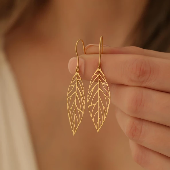 925 Ayar Gümüş Büyük Boy Yaprak Küpe - E00232 - 4