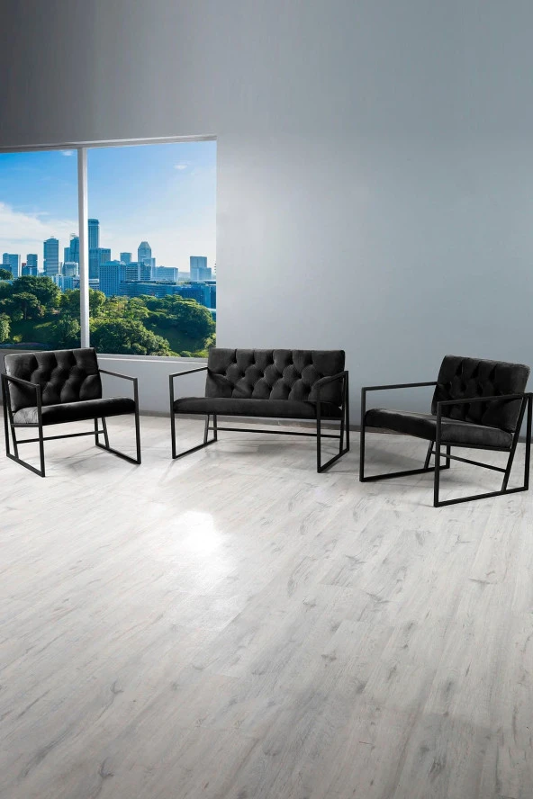 VIANEM Oslo Modern İskandinav Metal Berjer Ofis Balkon Bahçe Koltuk Takımı Siyah