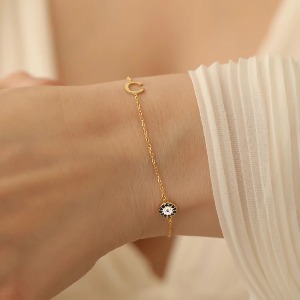 925 Ayar Gümüş Kişiye Özel Harfli Nazar Boncuğu Bileklik - CBS00105 - Resim 5