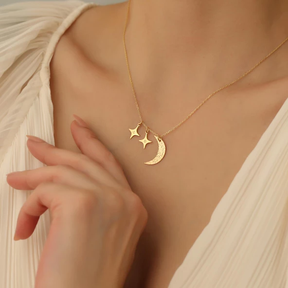 14 Ayara Mikron Kaplama Kişiye Özel Harf Detaylı Ay Yıldız Gümüş Kolye - CN00233 - Resim 2