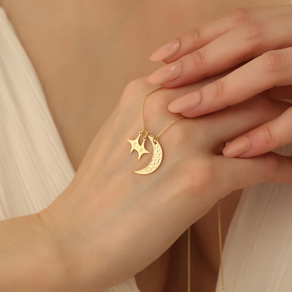 14 Ayara Mikron Kaplama Kişiye Özel Harf Detaylı Ay Yıldız Gümüş Kolye - CN00233 - Resim 3