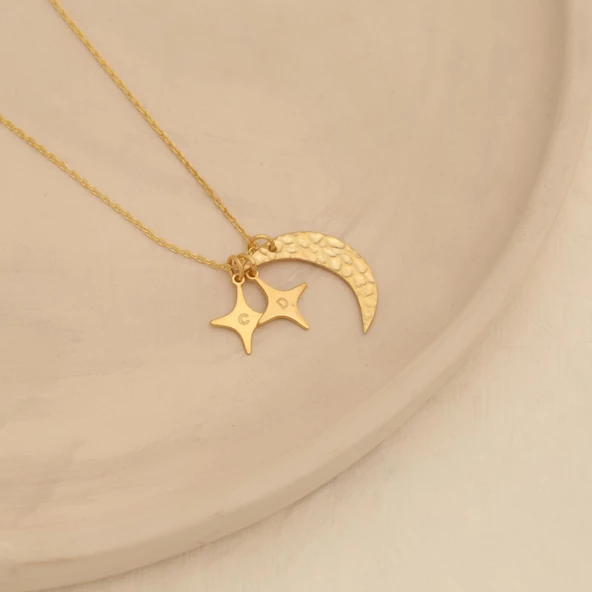 14 Ayara Mikron Kaplama Kişiye Özel Harf Detaylı Ay Yıldız Gümüş Kolye - CN00233 ürün görseli 1