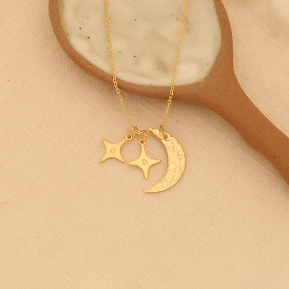 14 Ayara Mikron Kaplama Kişiye Özel Harf Detaylı Ay Yıldız Gümüş Kolye - CN00233 - Resim 4