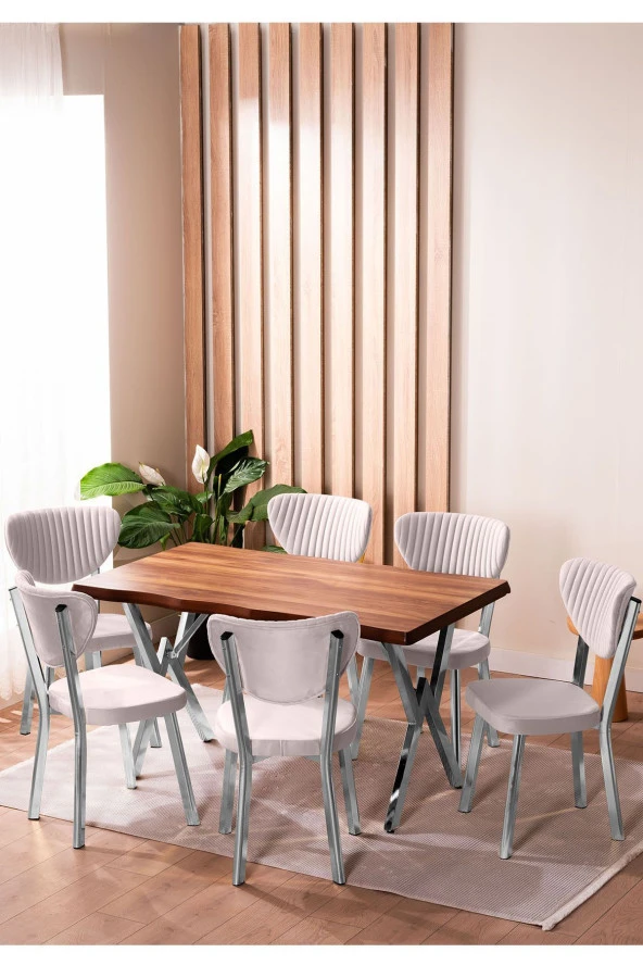 VIANEM Kütük Desenli MDF Krom Elma Mutfak Masa Takımı 6 Sandalyeli Salon Yemek Masa Takımı ürün görseli 1