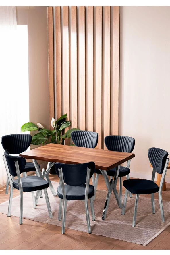 VIANEM Kütük Desenli MDF Krom Elma Mutfak Masa Takımı 6 Sandalyeli Salon Yemek Masa Takımı