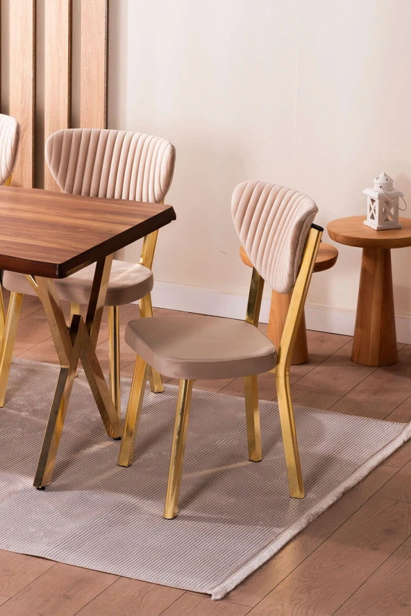 VIANEM Kütük Desenli MDF Gold Elma Mutfak Masa Takımı 6 Sandalyeli Salon Yemek Masa Takımı - 5