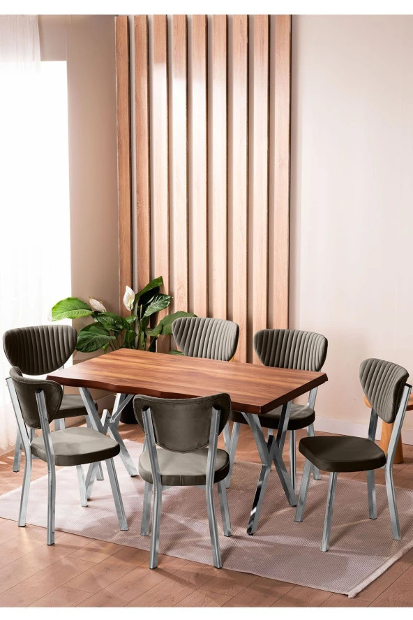 VIANEM Kütük Desenli MDF Krom Elma Mutfak Masa Takımı 6 Sandalyeli Salon Yemek Masa Takımı ürün görseli 1