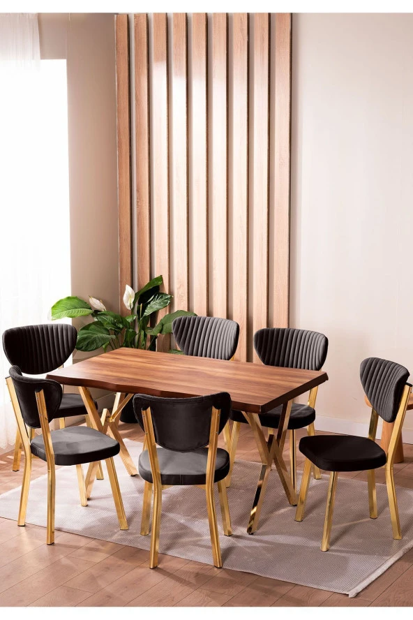 VIANEM Kütük Desenli MDF Gold Elma Mutfak Masa Takımı 6 Sandalyeli Salon Yemek Masa Takımı