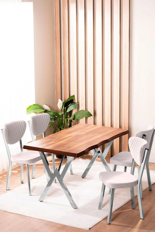 VIANEM Kütük Desenli MDF Krom Elma Mutfak Masa Takımı 4 Sandalyeli Salon Yemek Masa Takımı ürün görseli 1