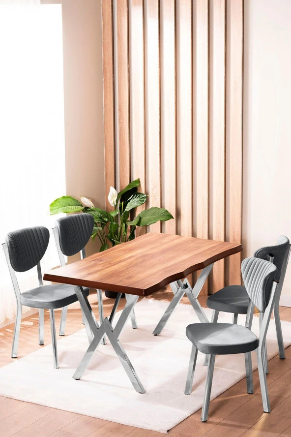 VIANEM Kütük Desenli MDF Krom Elma Mutfak Masa Takımı 4 Sandalyeli Salon Yemek Masa Takımı ürün görseli 1