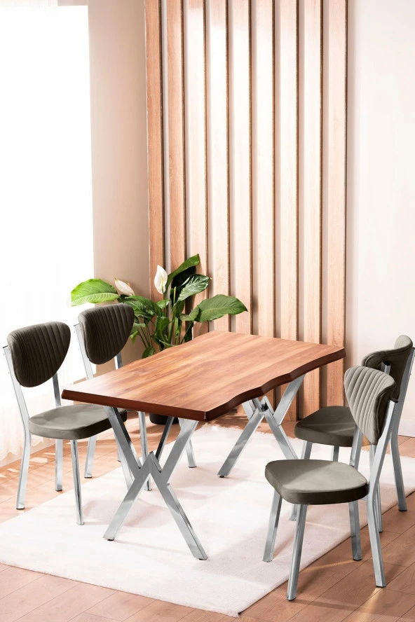 VIANEM Kütük Desenli MDF Krom Elma Mutfak Masa Takımı 4 Sandalyeli Salon Yemek Masa Takımı ürün görseli 1